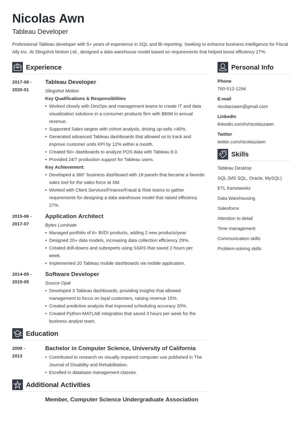 tableau developer resume example template vibes