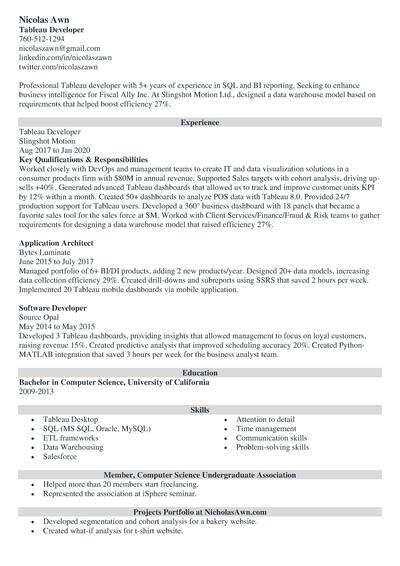 Tableau developer engineer resume