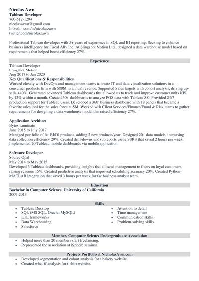 Tableau developer engineer resume example