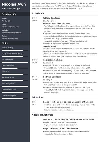 Tableau developer engineer resume example