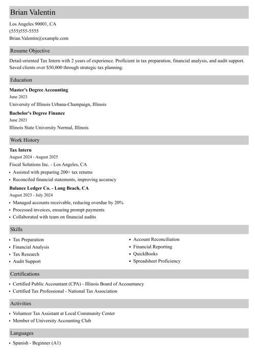 tax intern resume example