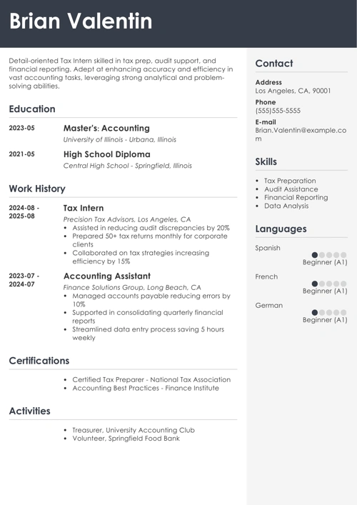 tax intern resume example