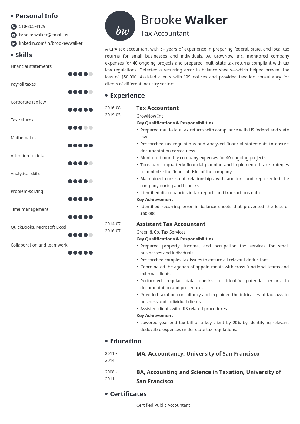 tax accountant resume example template initials