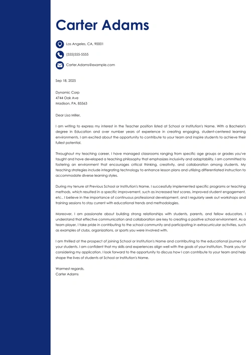 Teacher Cover Letter Example