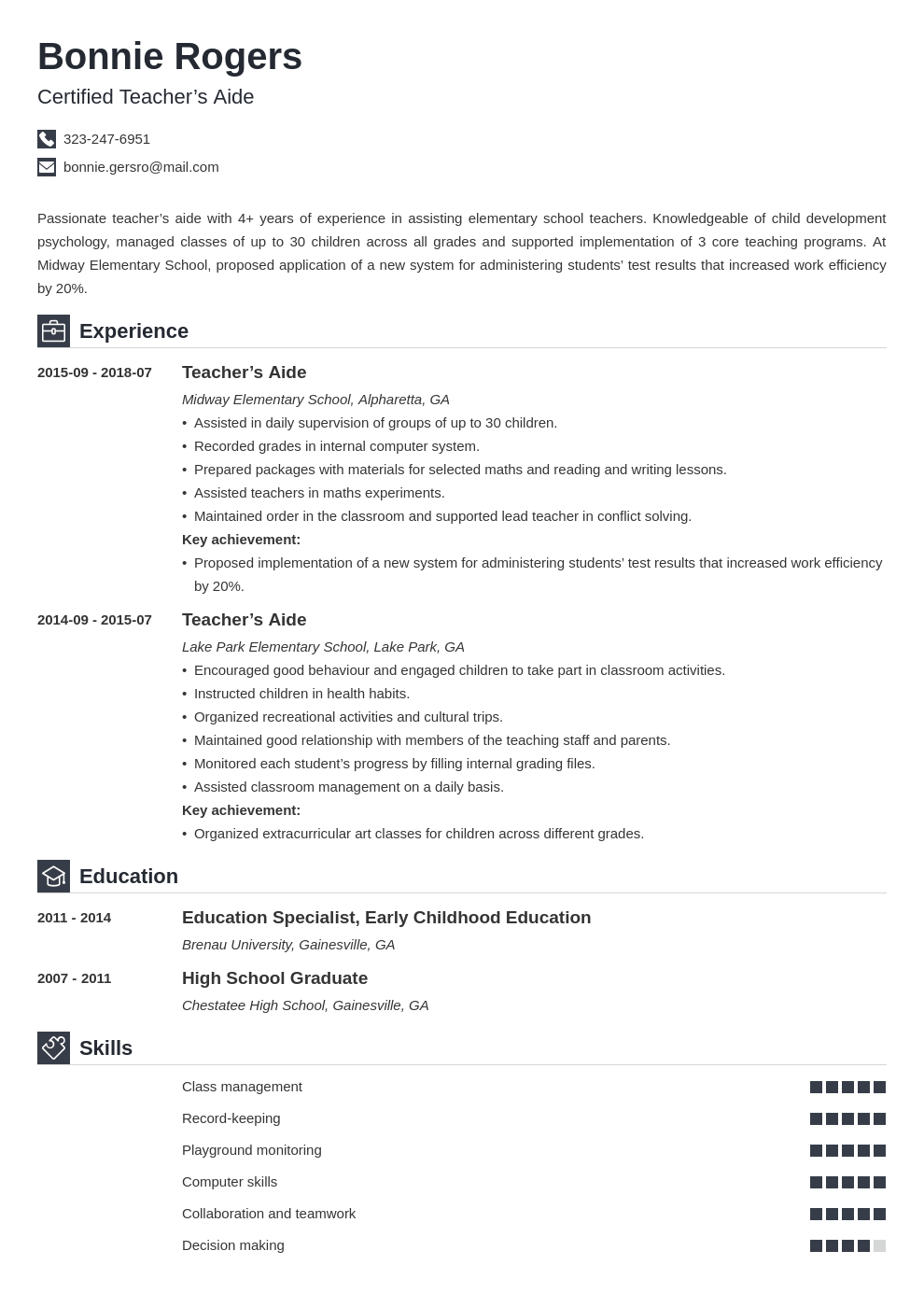 teacher aide resume example