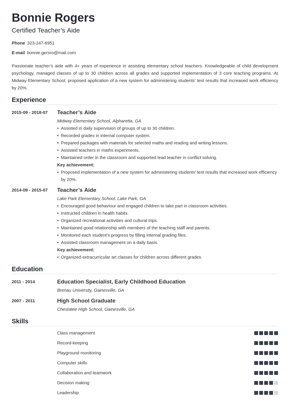 skills to put on resume for teacher aide