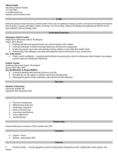 Example of a teacher job description for a resume