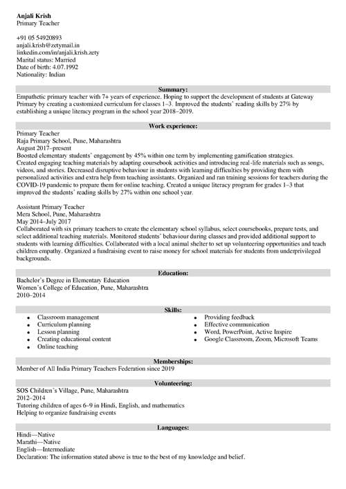 application for the post of teacher resume