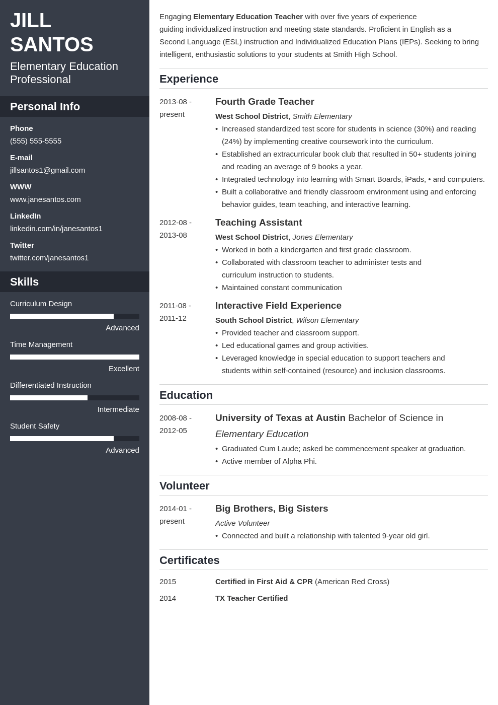 teacher resume template cascade