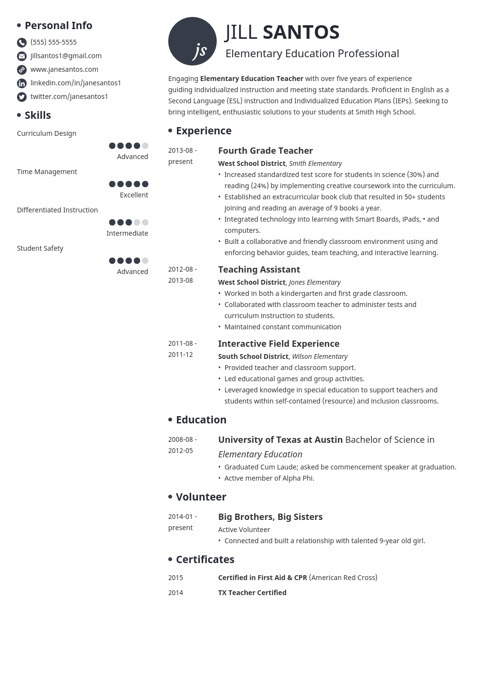 Curriculum Vitae Examples For Teachers