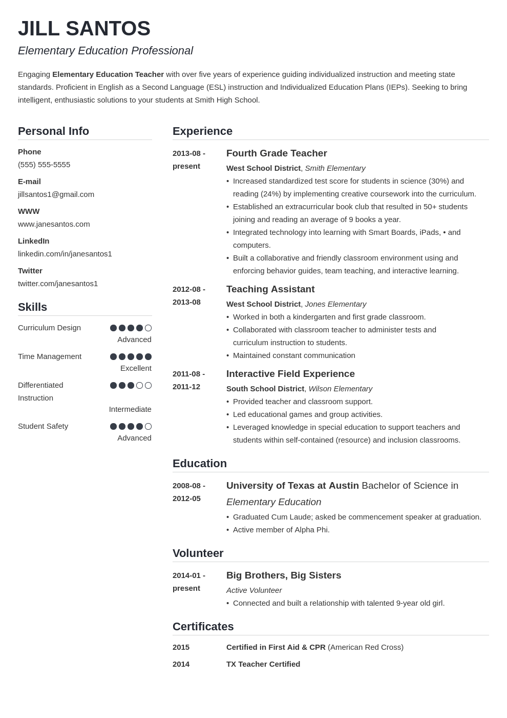 teacher resume template simple