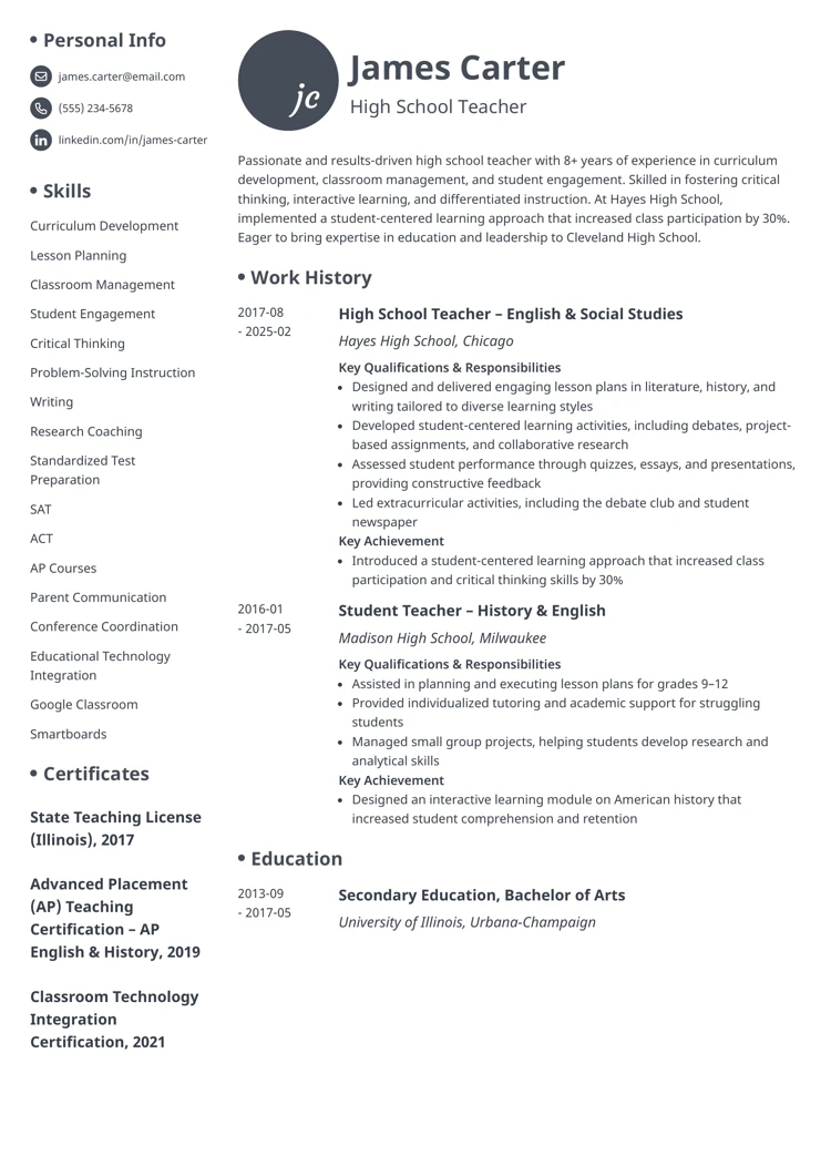 High School Teacher Resume Example