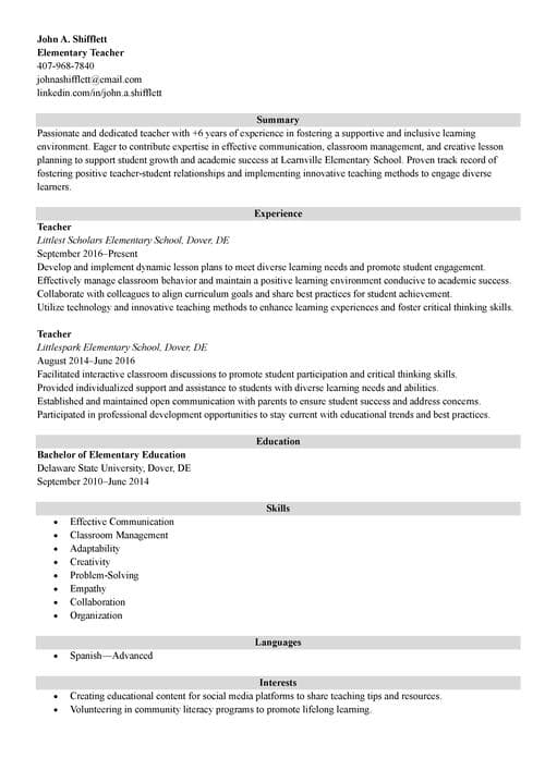 teacher resume skills