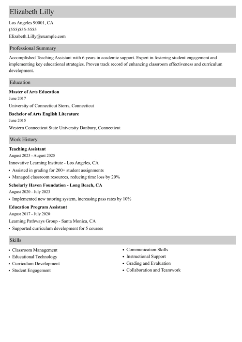 Teaching assistant resume example