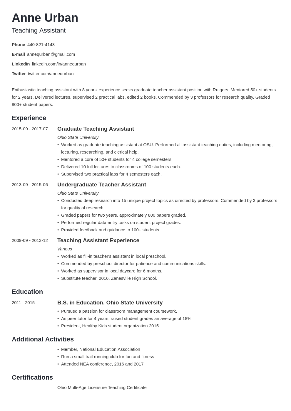 teaching assistant resume example template minimo