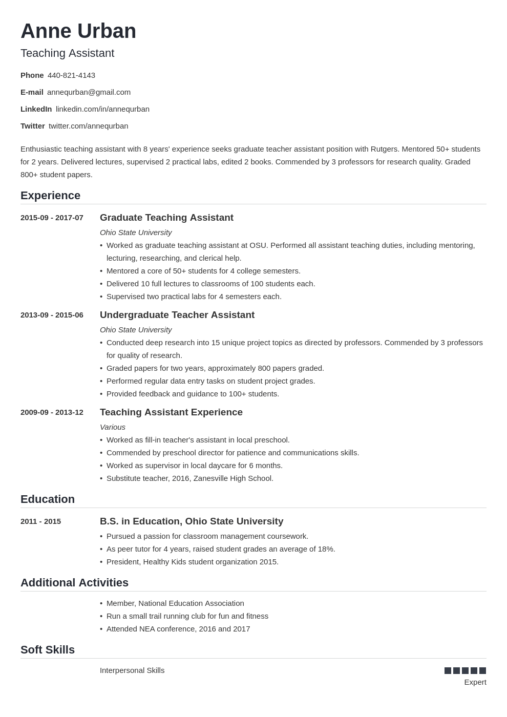 teaching assistant resume example template nanica