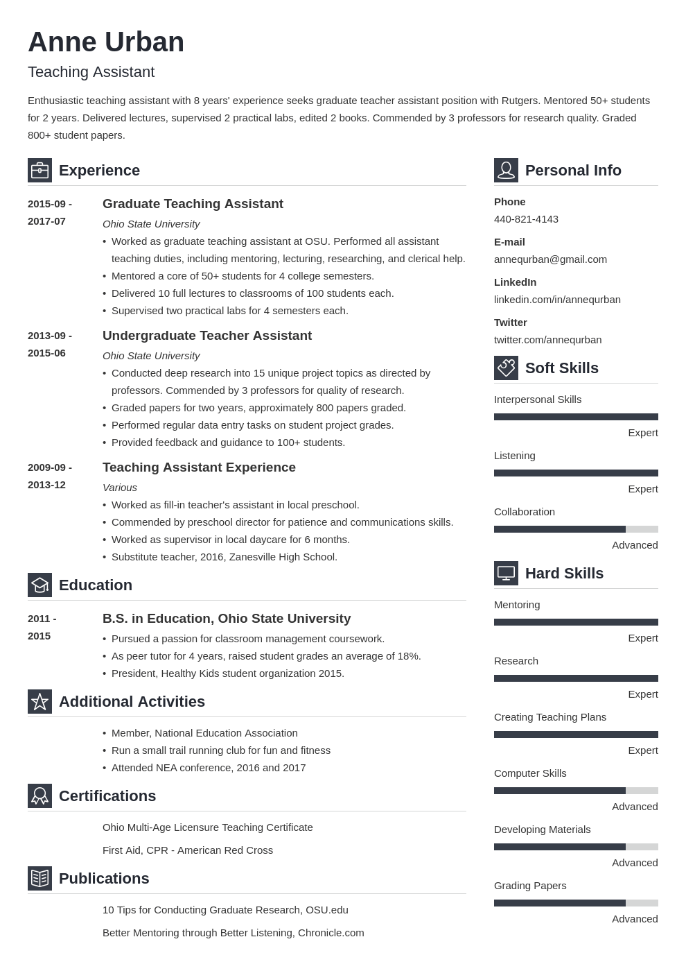 teaching assistant resume example template vibes