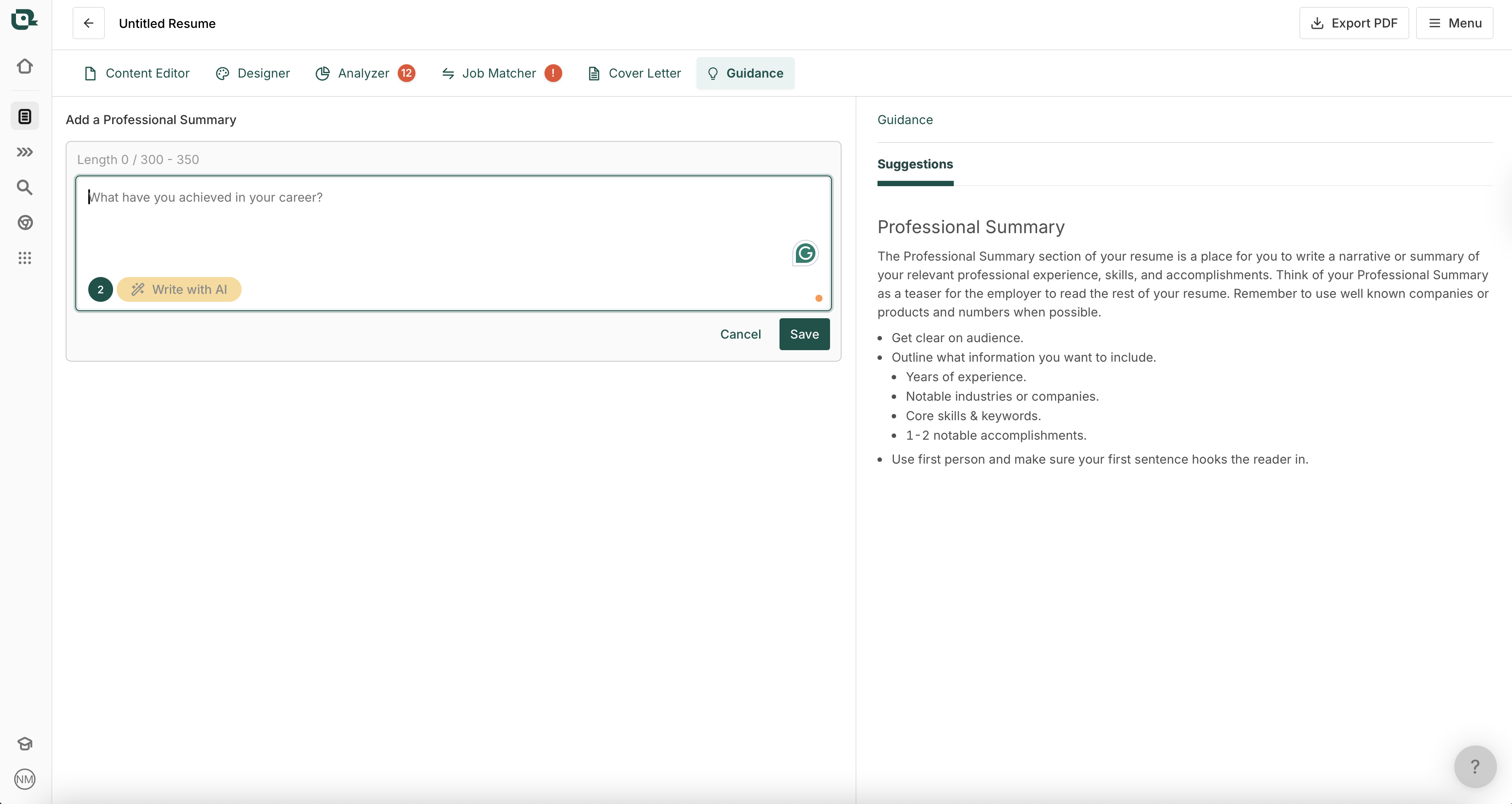 Screenshot of Teal's resume builder