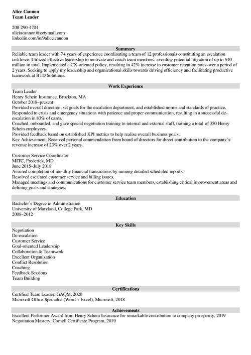 Team Leader Resume Examples Job Description Skills