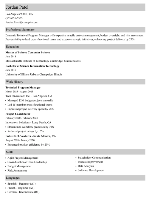 Sample Technical Program Manager Resume
