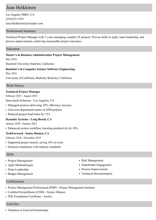 Technical Project Manager resume example
