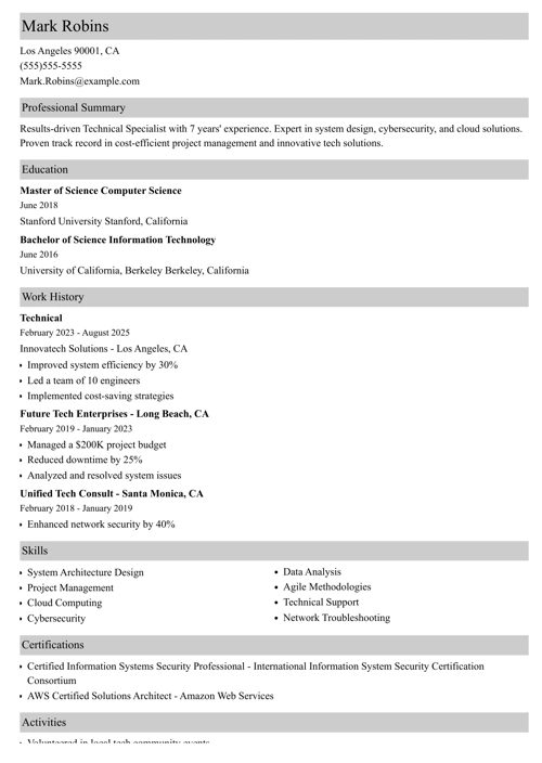 Technical resume example
