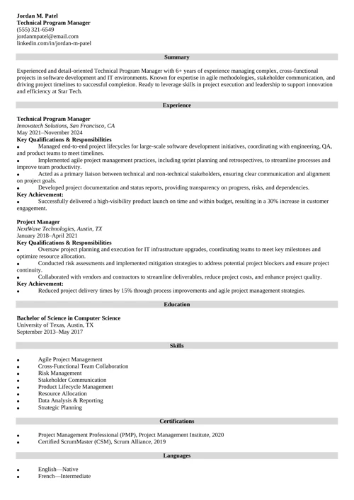 Sample Technical Program Manager Resume