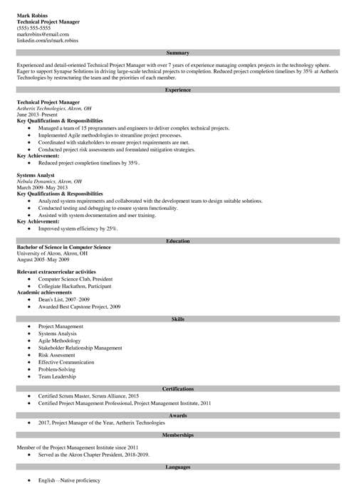 Technical resume example