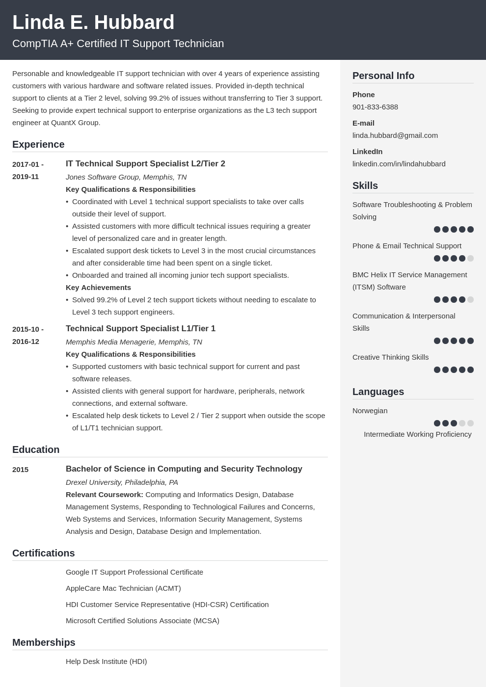 resume examples for it technical support