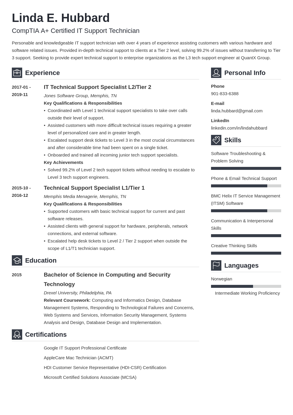 resume example for technical support