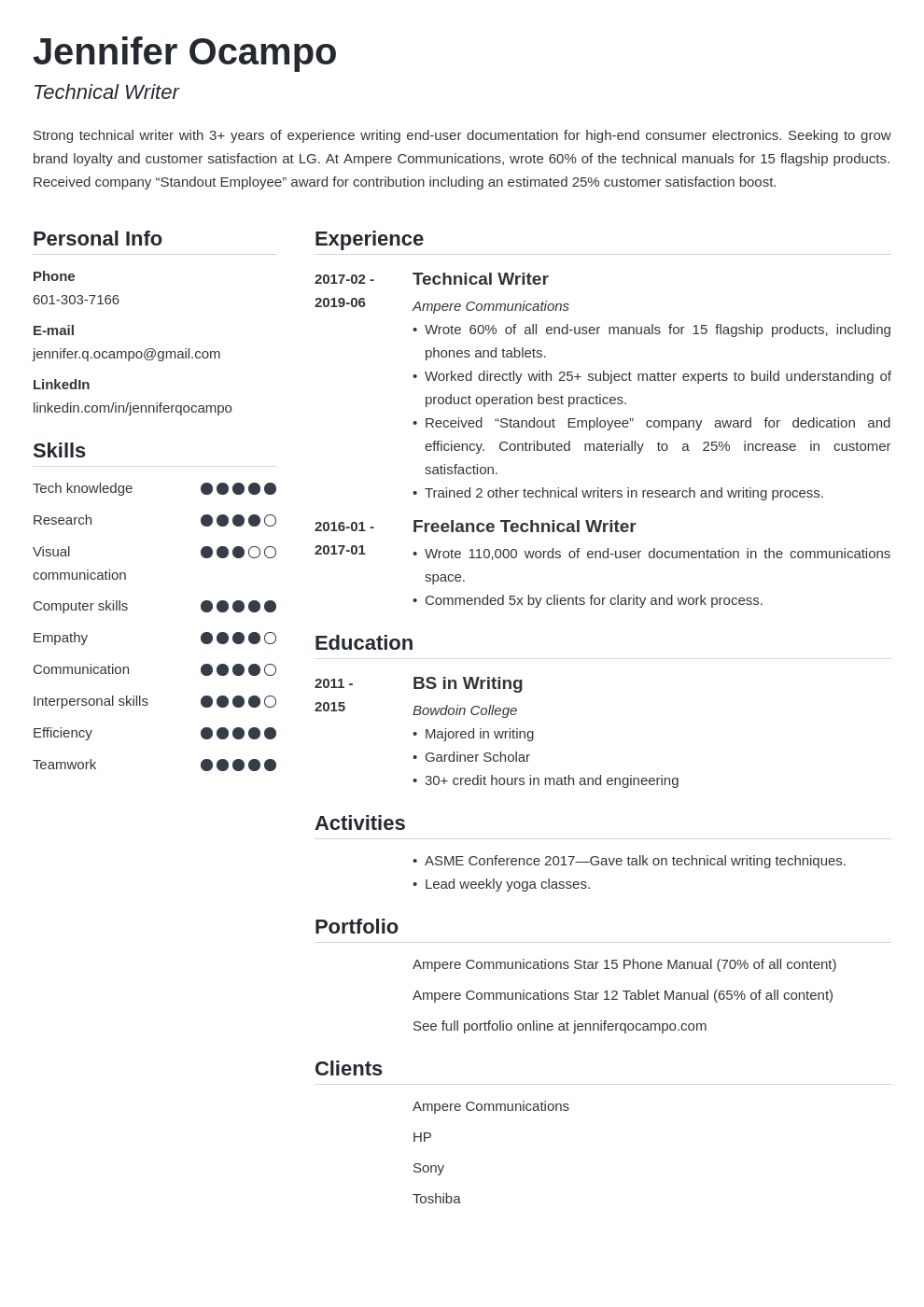 technical writer resume example template simple
