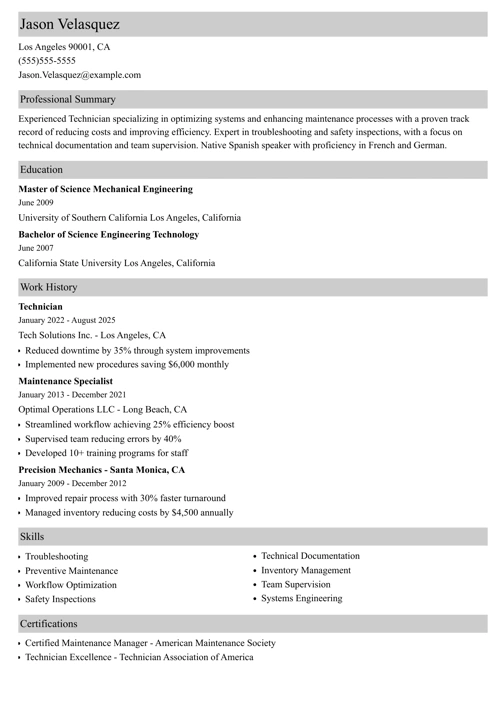 technician resume example