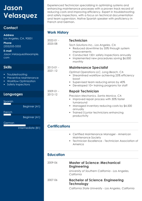 technician resume example