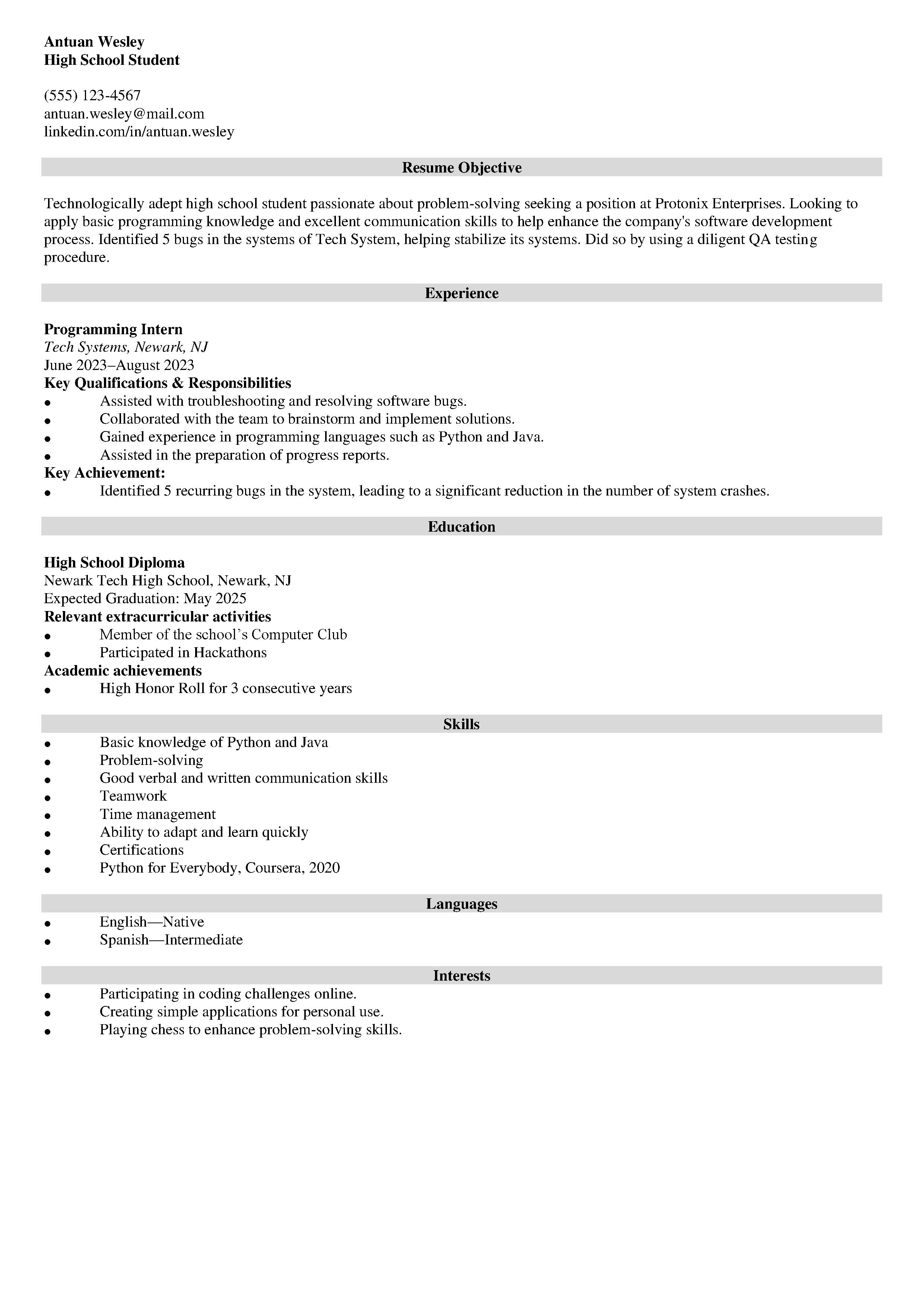 Teen Resume Example