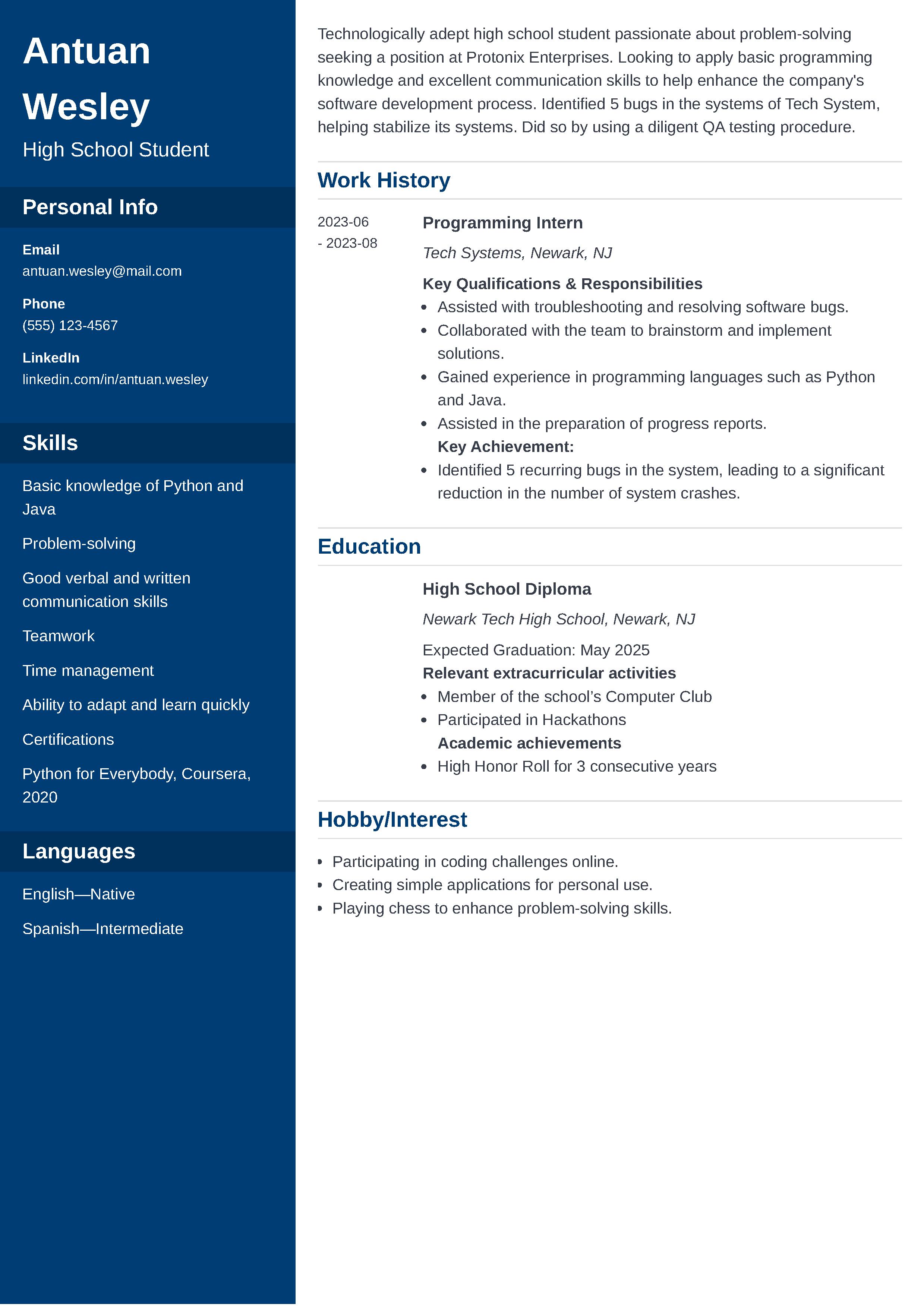 Teen Resume Example