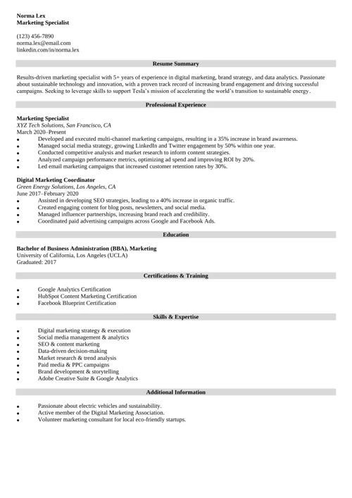 tesla resume sample