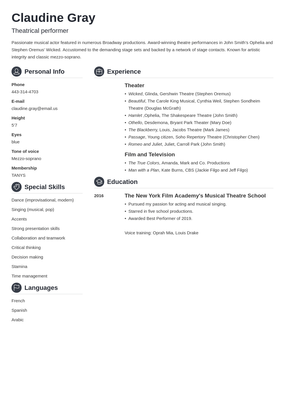 professional photo theater resume