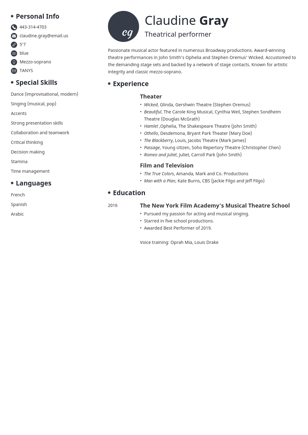 theater resume example template initials