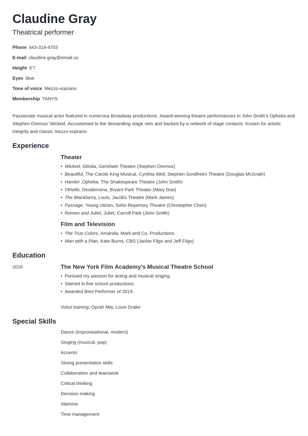 theater resume example template minimo