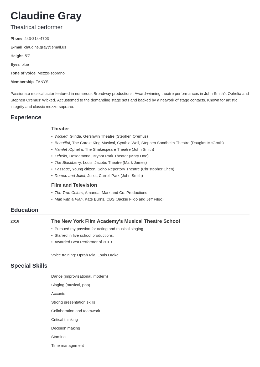 Theater Resume Template (Guide & Example) Inside Theatrical Resume Template Word