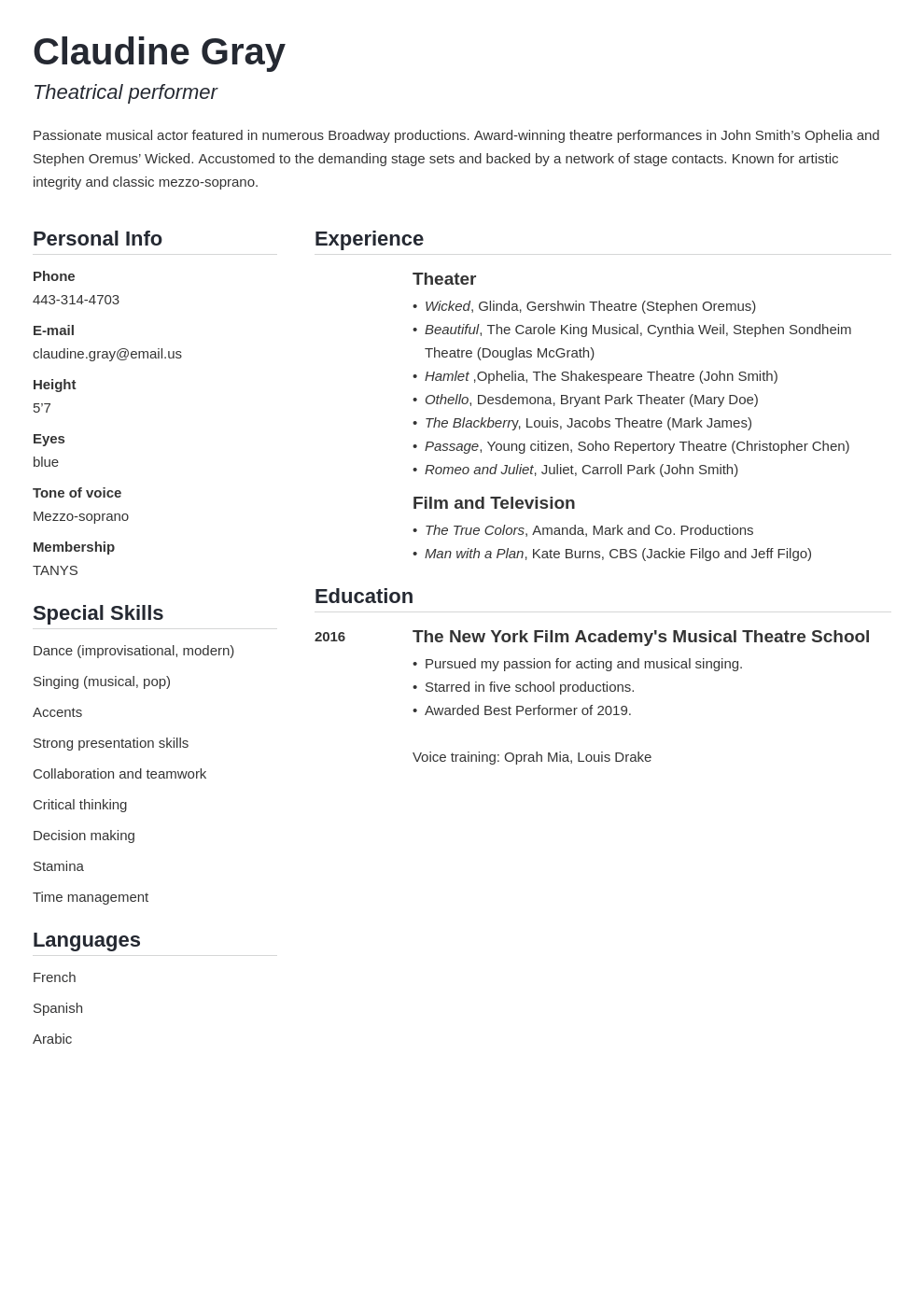 theater resume example template simple