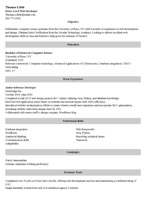 junior web developer resume example