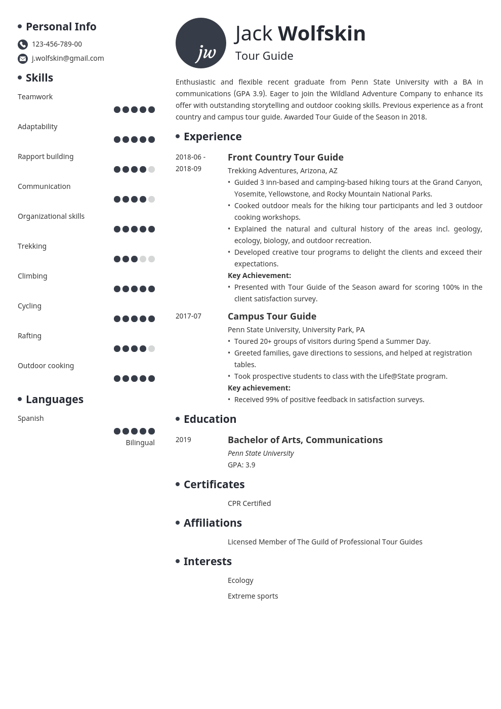 tour guide resume example template initials