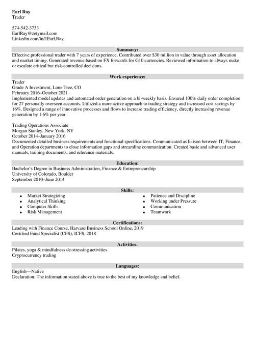 trader resume example