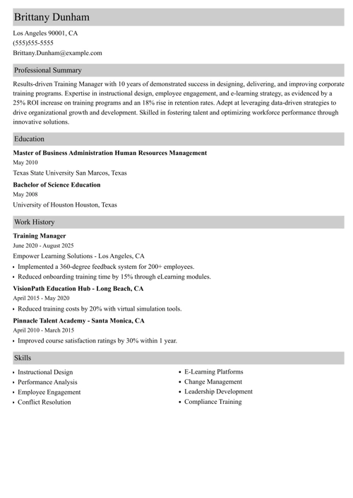 Training Manager Resume Sample