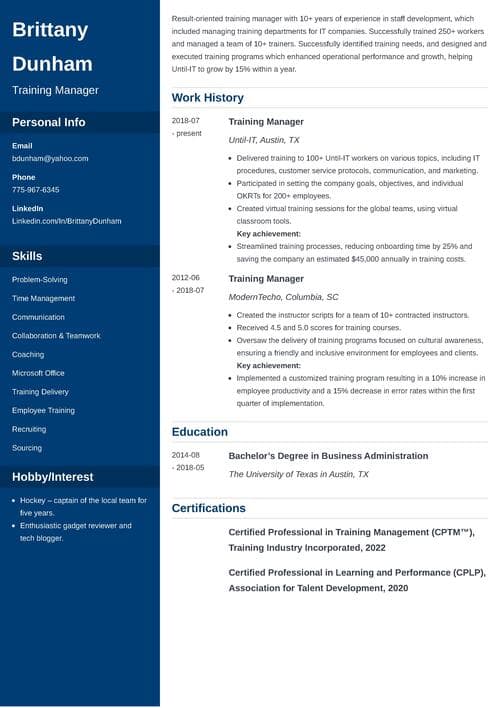 Training Manager Resume Sample