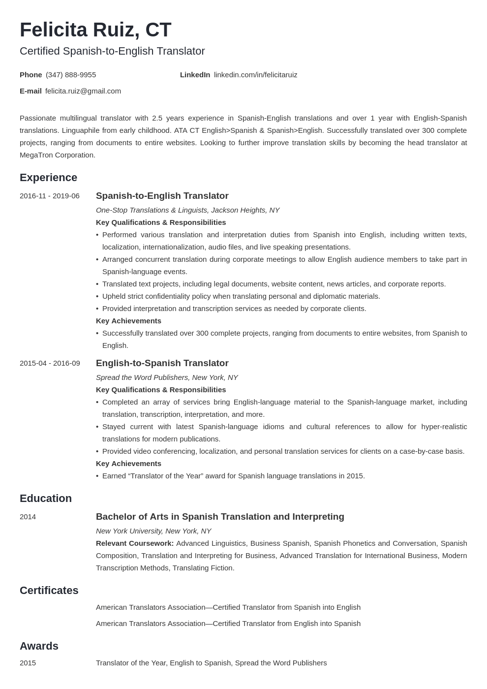 translator resume example template minimo