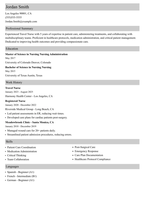 sample travel nurse resume example