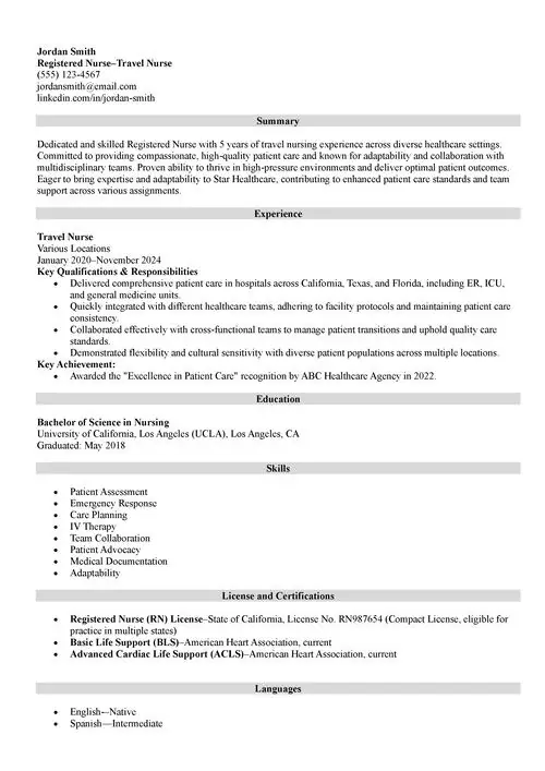 sample travel nurse resume example