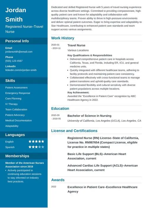 sample travel nurse resume example